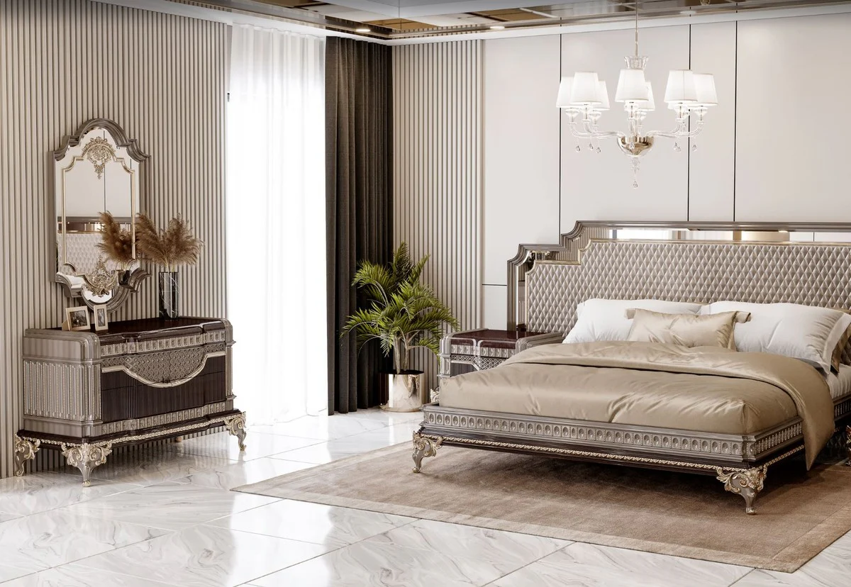 Luxus Barock Doppelbett und 2 Nachtkommoden Grau / Dunkelbraun / Gold