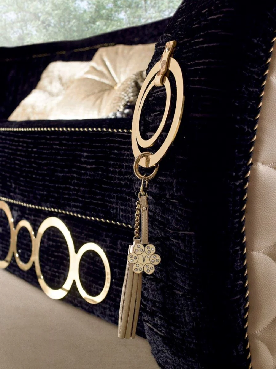 Luxus Sofa mit Metall Ornamenten Schwarz / Beige / Gold 260 x 103 x H. 80 cm - Luxus Wohnzimmer & Hotel Möbel - Erstklassische Qualität - Made in Italy