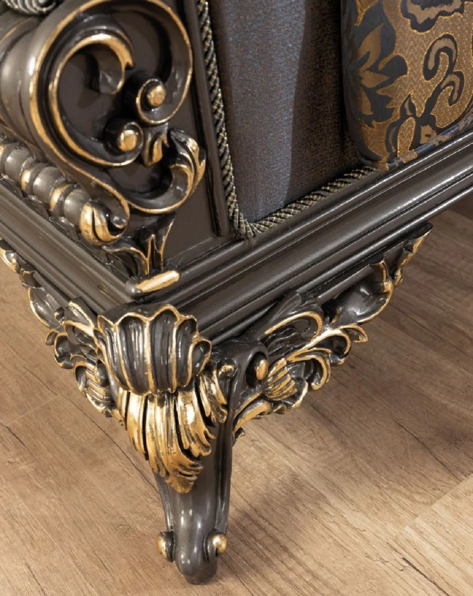 Luxus Barock Wohnzimmer Set Blau / Grau / Gold - 2 Sofas & 2 Sessel & 1 Couchtisch - Prunkvolle Barock Wohnzimmer Möbel