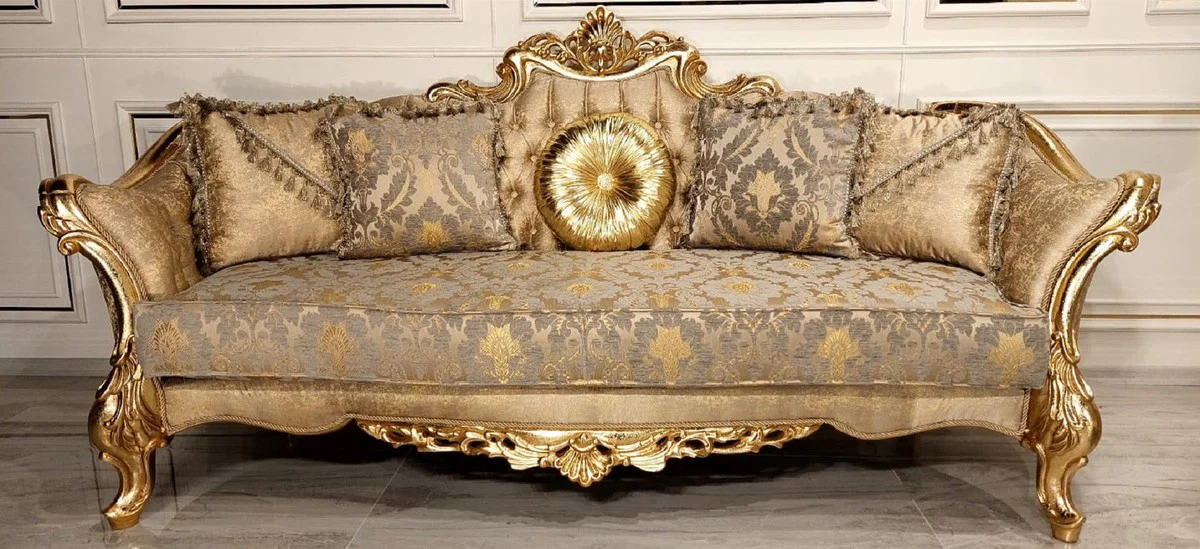 Luxus Barock Sofa Gold / Grau / Gold - Prunkvolles Wohnzimmer Sofa mit elegantem Muster - Barock Wohnzimmer & Hotel Möbel - Edel & Prunkvoll