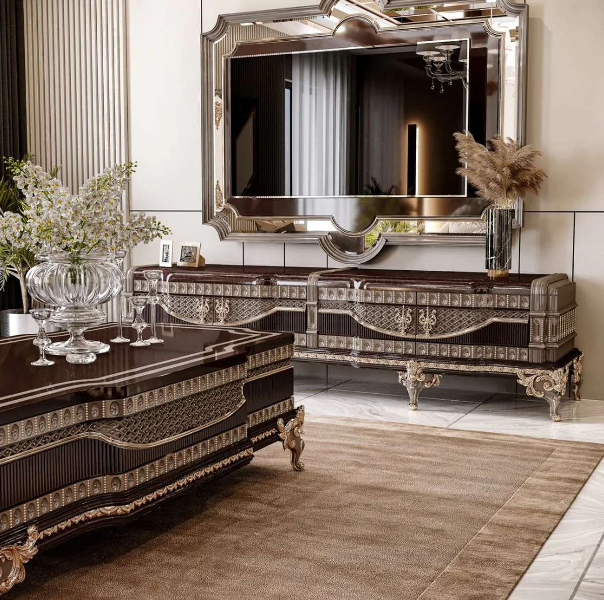 Luxus Barock Couchtisch Dunkelbraun / Grau / Gold 156 cm