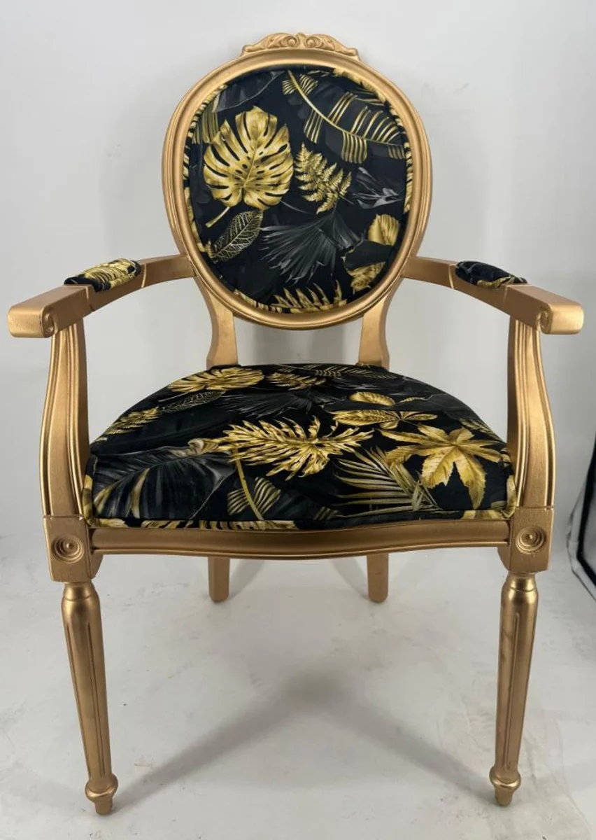 Luxus Barock Esszimmer Stuhl mit Armlehnen Schwarz / Gold H. 95 cm - Barock Möbel
