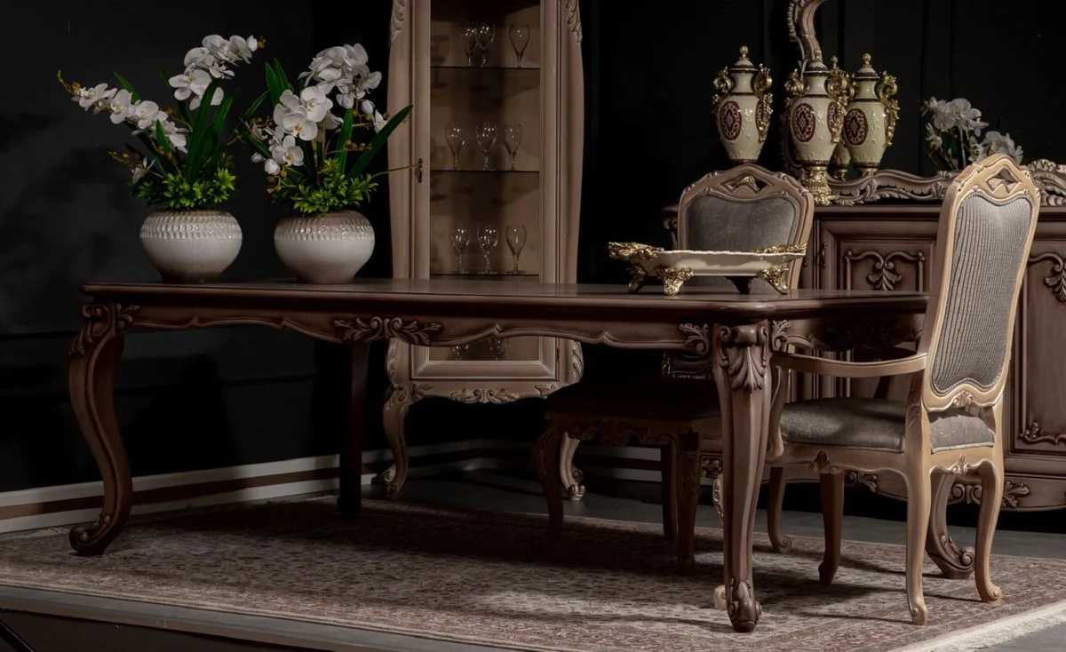 Luxus Barock Esszimmer Set Braun / Grau / Naturfarben - 1 Barock Esstisch & 8 Barock Esszimmerstühle - Prunkvolle Esszimmer Möbel im Barockstil