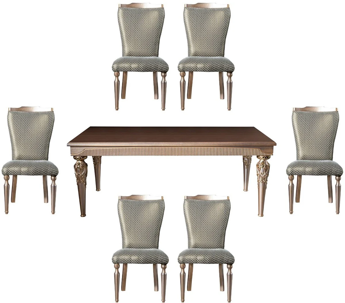 Luxus Barock Esszimmer Set Grün / Silber / Kupfer / Gold - 1 Esstisch & 6 Esszimmerstühle - Barock Esszimmer Möbel - Edel & Prunkvoll