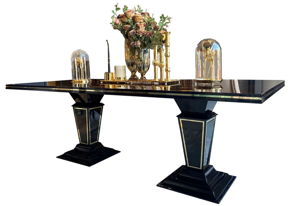 Luxus Art Deco Esstisch Dunkelbraun / Schwarz / Gold 220 x 110 x H. 76 cm - Edler Esszimmertisch mit Glasplatte - Art Deco Esszimmer Möbel