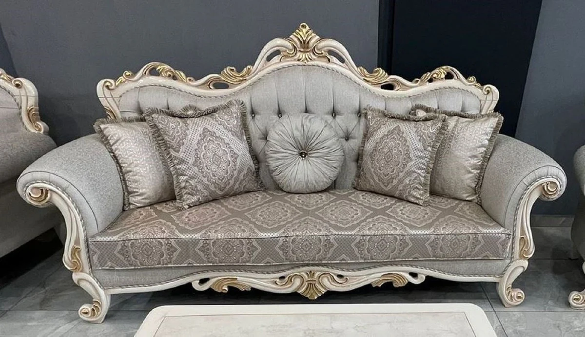 Luxus Barock Sofa Grau / Weiß / Gold - Prunkvolles Wohnzimmer Sofa mit Glitzersteinen - Barockstil Wohnzimmer Möbel - Luxus Möbel im Barockstil - Edel & Prunkvoll
