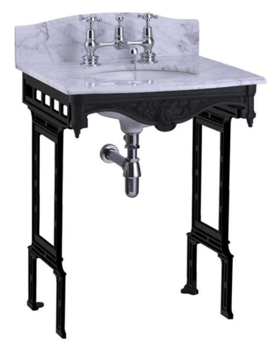 Luxus Jugendstil Stand Waschtisch Weiß / Schwarz mit Marmorplatte mit Spritzschutz hinten - Barock Waschbecken Barockstil Antik Stil