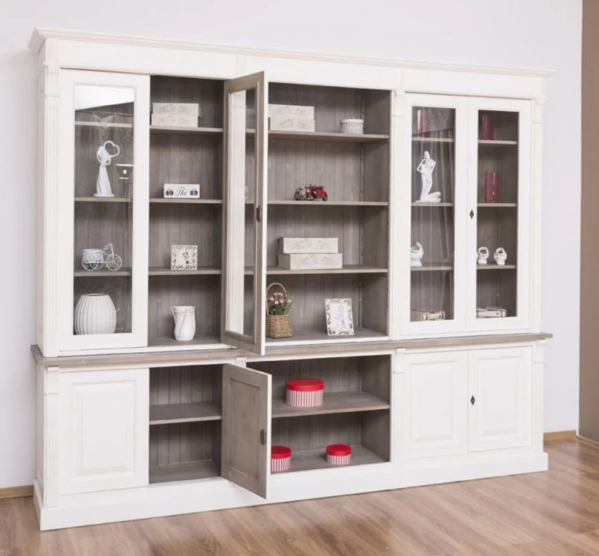 Landhausstil Bücherschrank Weiß / Braungrau 286 x 51 x H. 228 cm - Massivholz Schrank - Wohnzimmerschrank - Büroschrank - Landhausstil Möbel