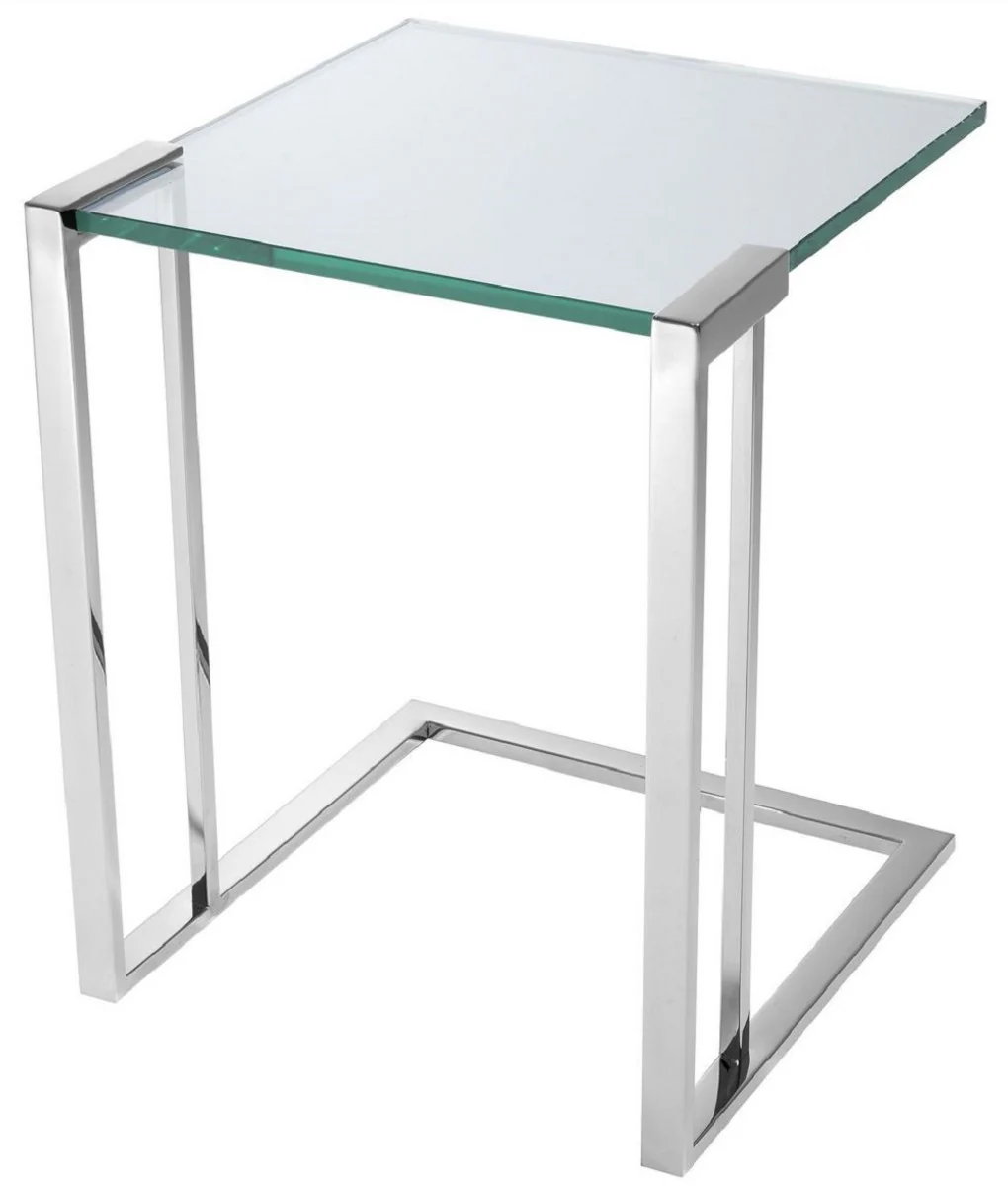Luxus Beistelltisch Silber 45 x 45,5 x H. 56,5 cm - Edelstahl Tisch mit Glasplatte - Luxus Wohnzimmer Möbel