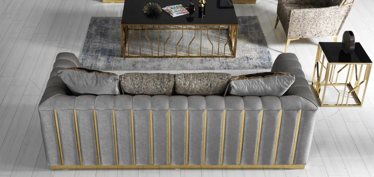 Luxus Wohnzimmer Sofa mit dekorativen Kissen Grau / Gold 240 x 92 x H. 78 cm - Luxus Wohnzimmer Möbel