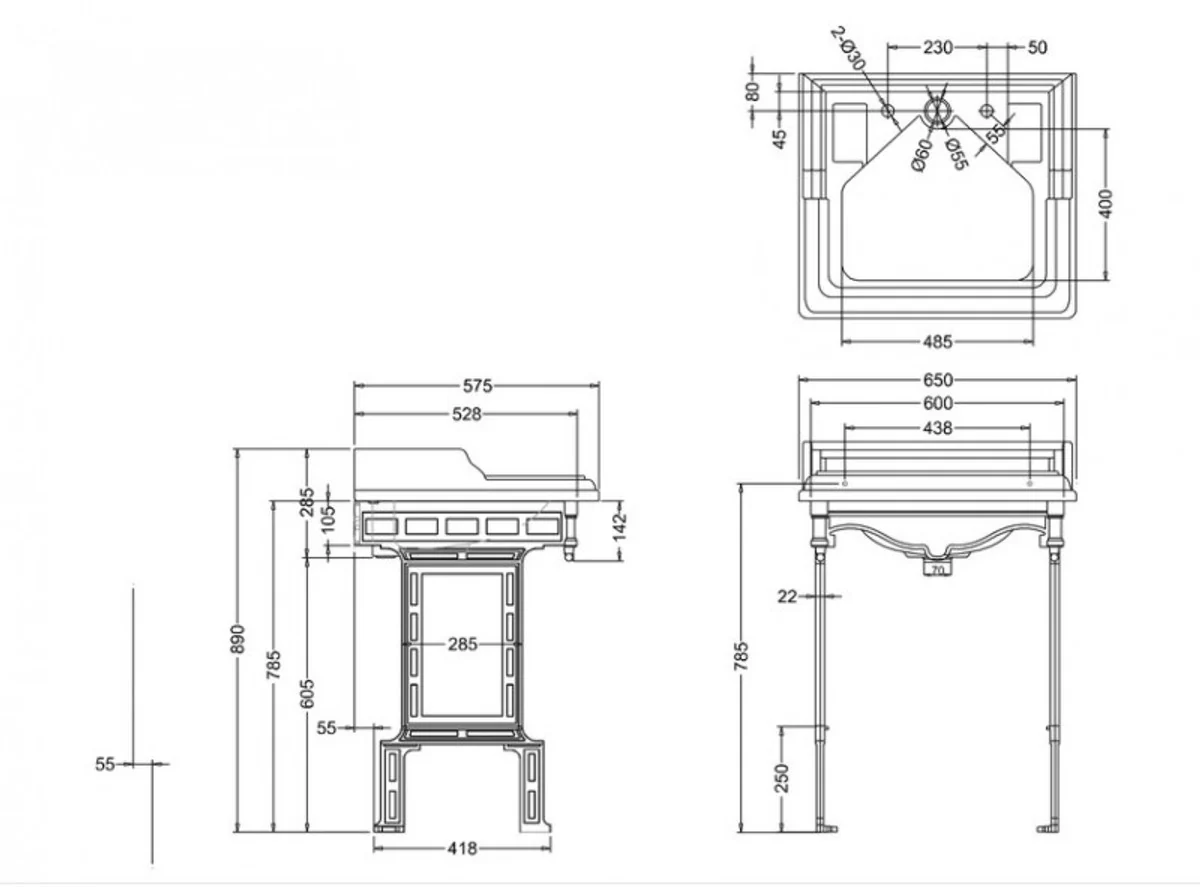 Jugendstil Stand Waschtisch Weiß / Silber mit 2 Hahnlöchern - Barock Waschbecken Barockstil Antik Stil