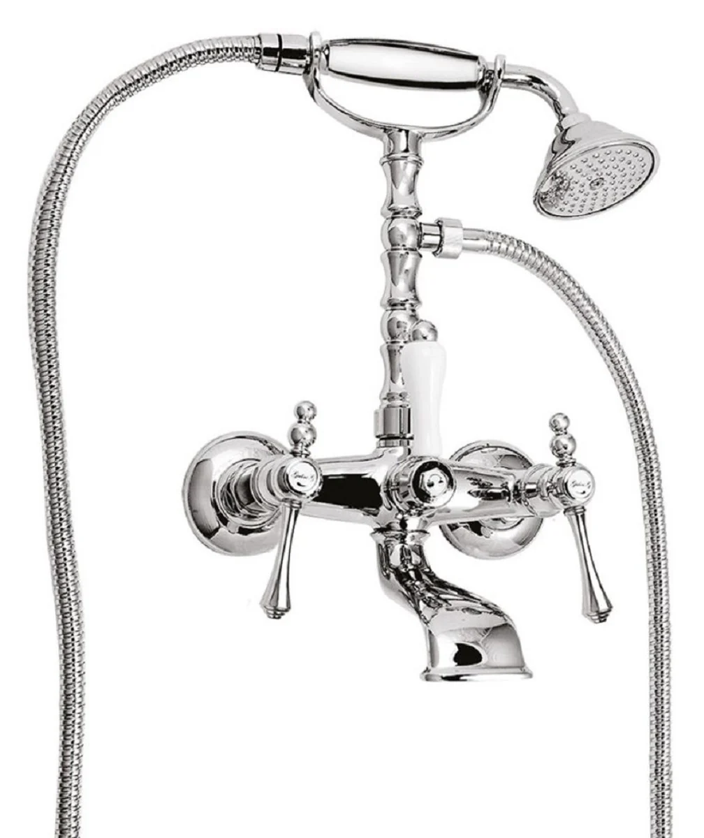 Jugendstil Badewannen Armatur mit Brause Silber / Weiß H. 35,5 cm - Nostalgisches Bad Zubehör - Erstklassische Qualität - Made in Italy