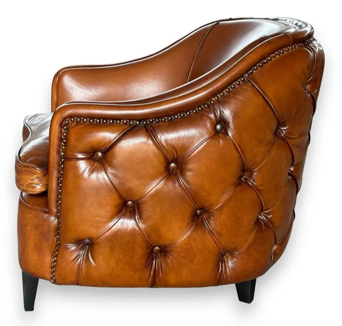 Luxus Chesterfield Leder Sessel Hellbraun / Schwarz - Echtleder Wohnzimmer Möbel