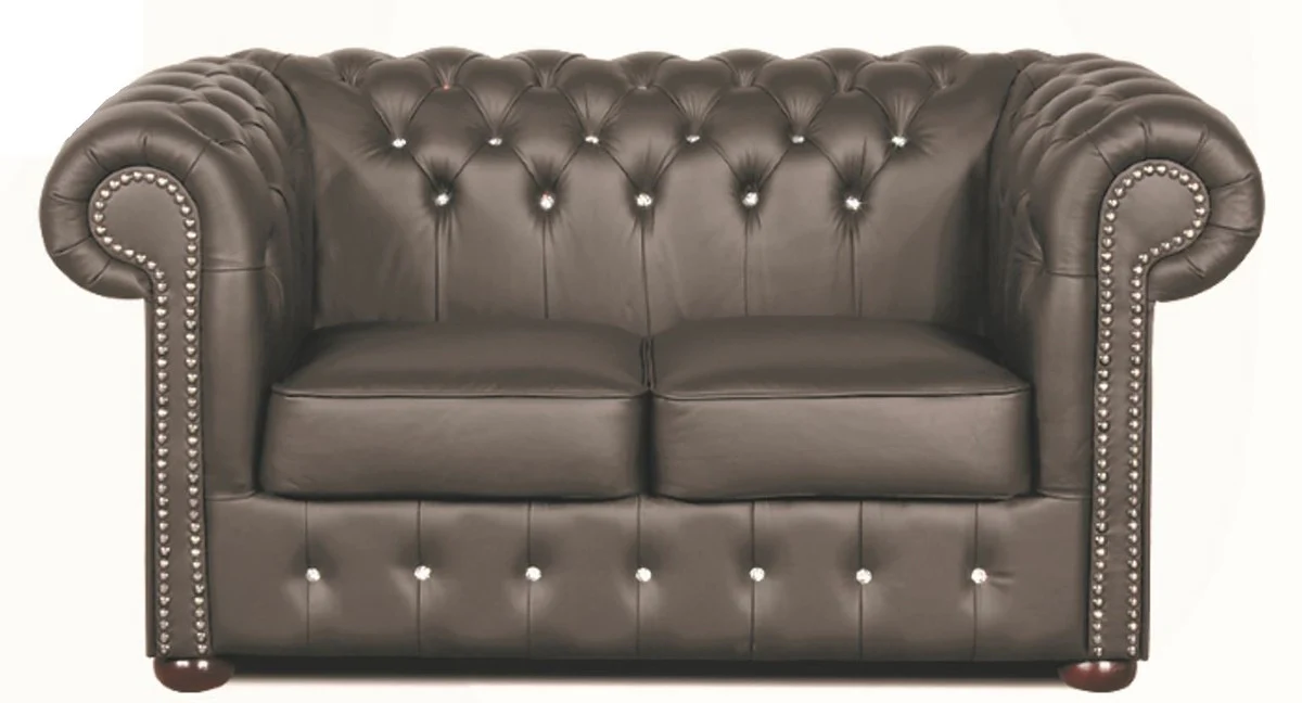 Chesterfield Echtleder 2er Sofa in dunkelgrau mit Swarovski Kristallsteinen 160 x 90 x H. 78 cm - Luxus Kollektion