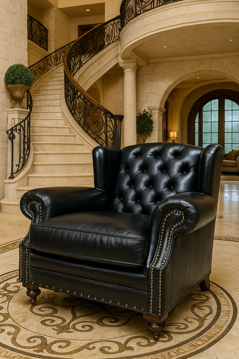 Luxus Chesterfield Leder Ohrensessel Schwarz / Dunkelbraun - Chesterfield Echtleder Wohnzimmer Sessel - Wohnzimmer Möbel - Chesterfield Möbel - Echtleder Möbel - Luxus Möbel