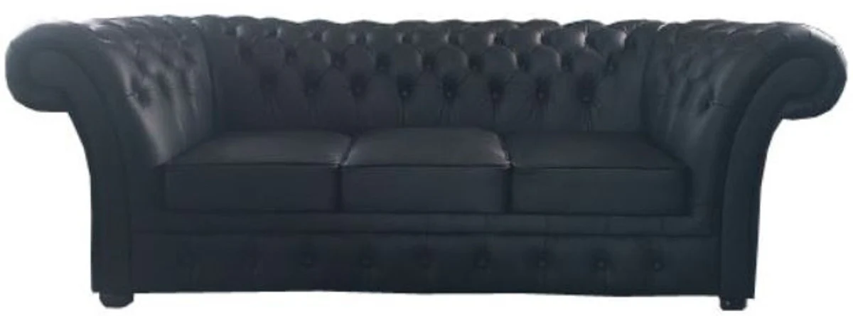Luxus Echtleder 3er Sofa Schwarz 210 x 90 x H. 80 cm - Chesterfield Möbel