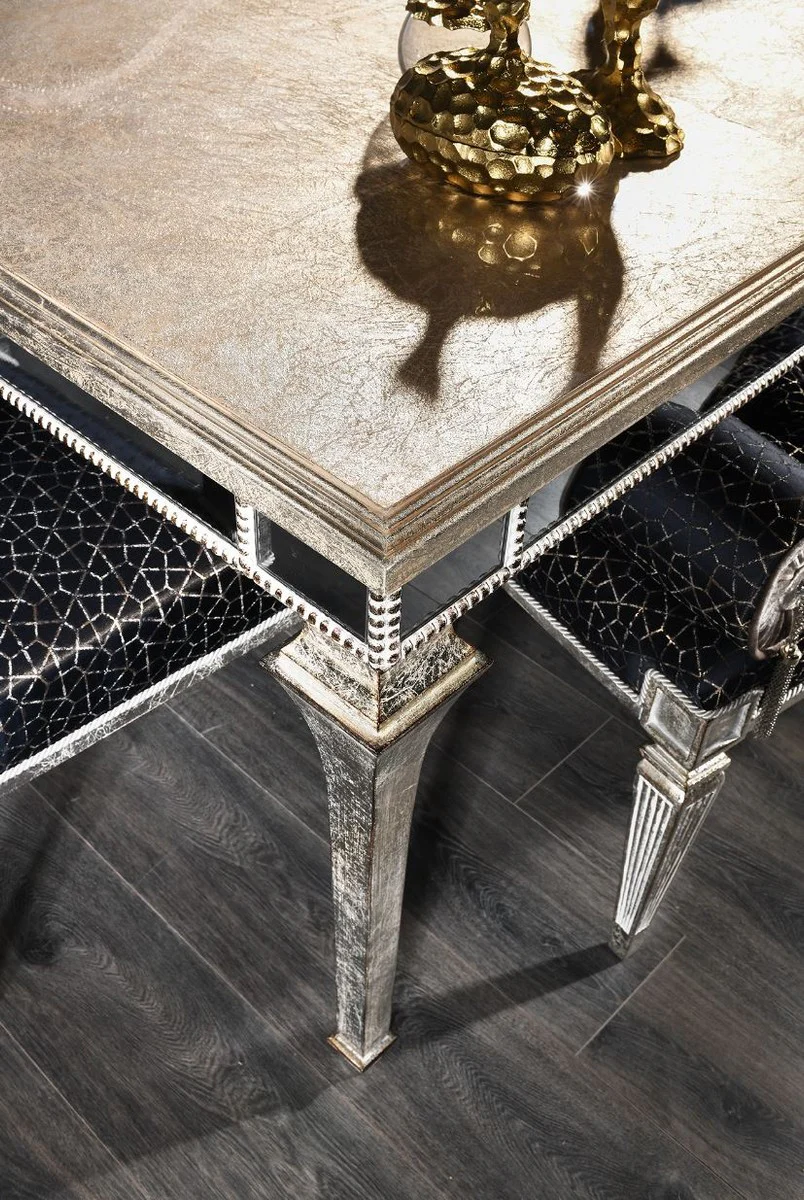 Luxus Barock Esstisch Antik Silber 200 x 112 x H. 85 cm - Massivholz Küchentisch mit Spiegelglas - Edle Esszimmer Möbel im Barockstil