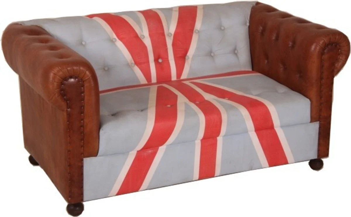 Chesterfield Luxus Echt Leder Sofa Union Jack / Braun 2 Sitzer Vintage Leder von Englische Flagge England Möbel