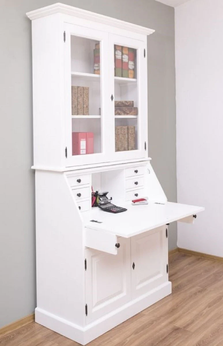 Landhausstil Büroschrank Weiß 110 x 49 x H. 219 cm - Massivholz Schrank - Bücherschrank - Regalschrank - Wohnzimmerschrank - Landhausstil Möbel