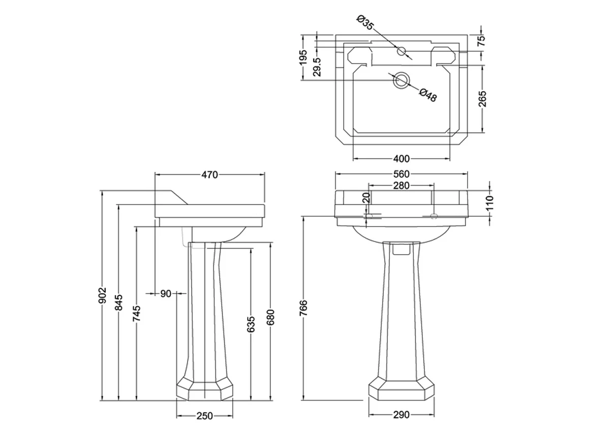 Jugendstil Porzellan Waschbecken mit Sockel 56 x 47 x H. 90 cm mit floralem Muster - Luxus Kollektion