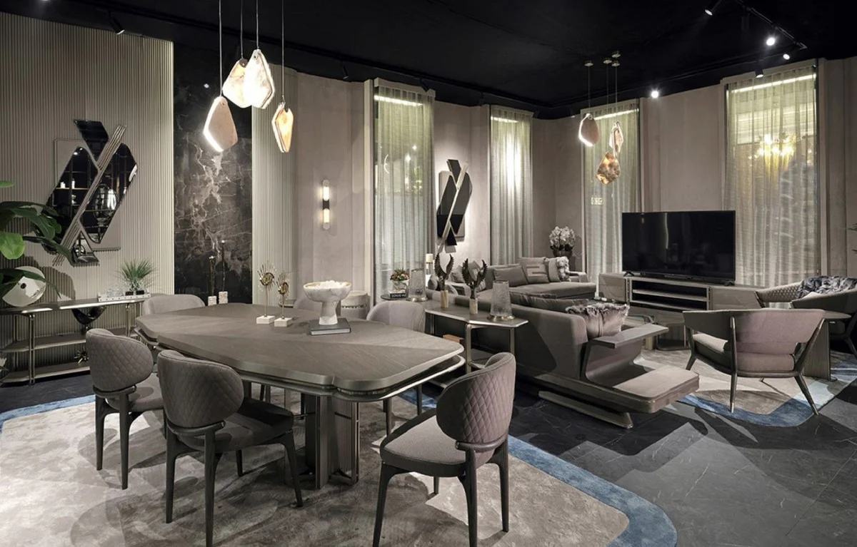 Luxus Esszimmer Set Grau / Silber - 1 Luxus Esstisch & 6 Luxus Esszimmerstühle - Esszimmer Möbel - Luxus Möbel - Luxus Einrichtung