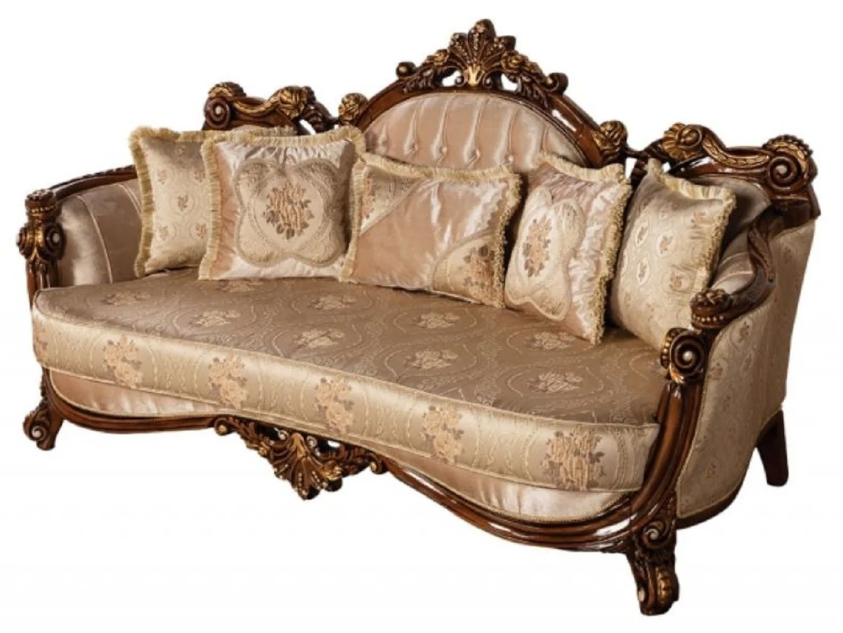 Luxus Barock Sofa Beige / Braun / Gold - Prunkvolles Wohnzimmer Sofa mit elegantem Muster - Barock Möbel - Edel & Prunkvoll