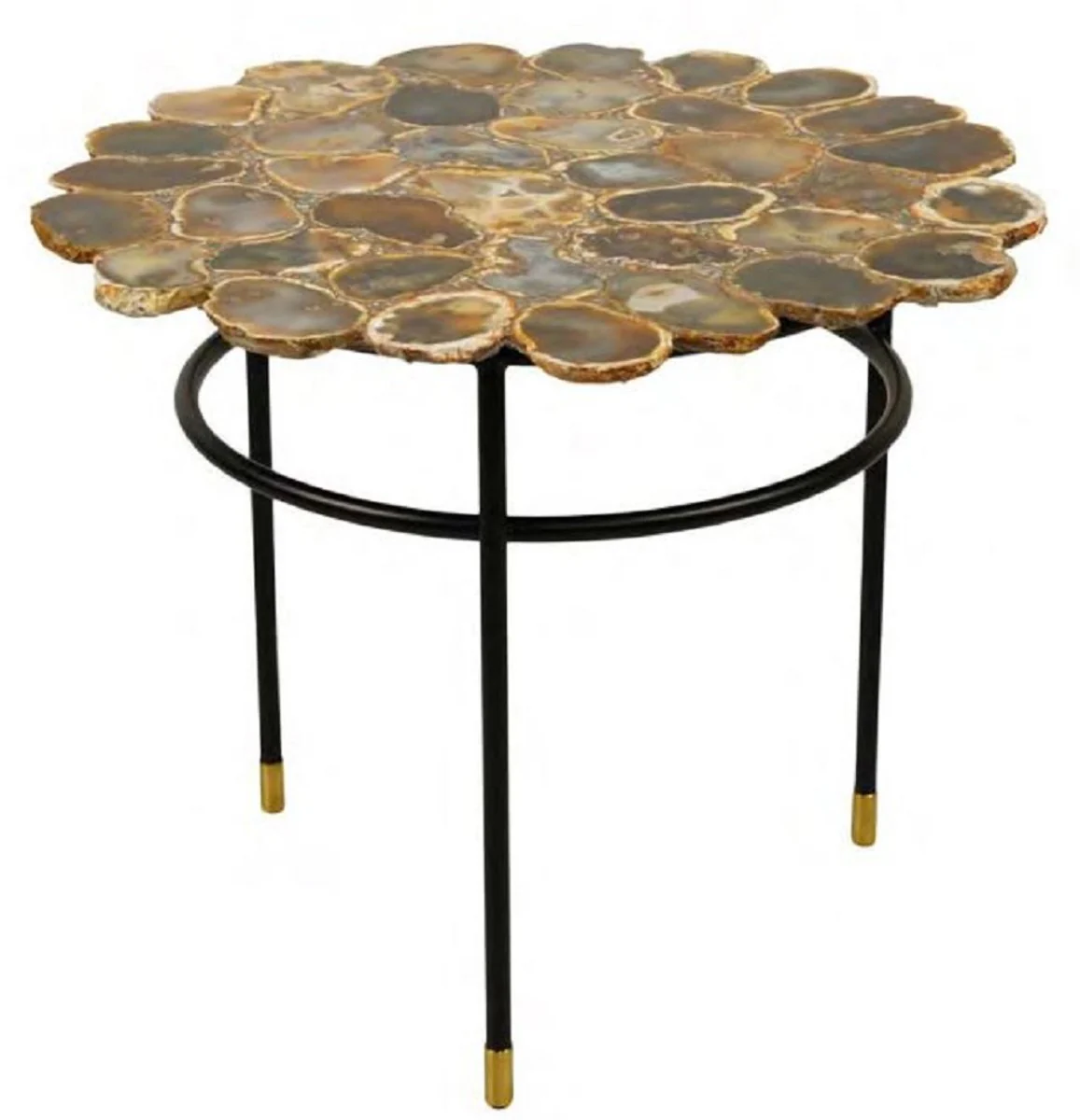 Luxus Couchtisch Mehrfarbig / Schwarz / Messing Ø 60 x H. 50 cm - Wohnzimmertisch mit Achat Edelstein Tischplatte - Luxus Wohnzimmer Möbel