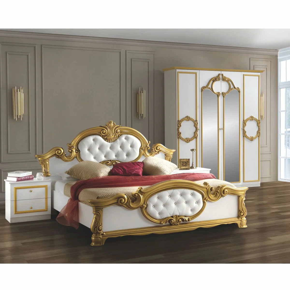 Luxus Barock Doppelbett Weiß / Gold - Barockstil Schlafzimmer Möbel