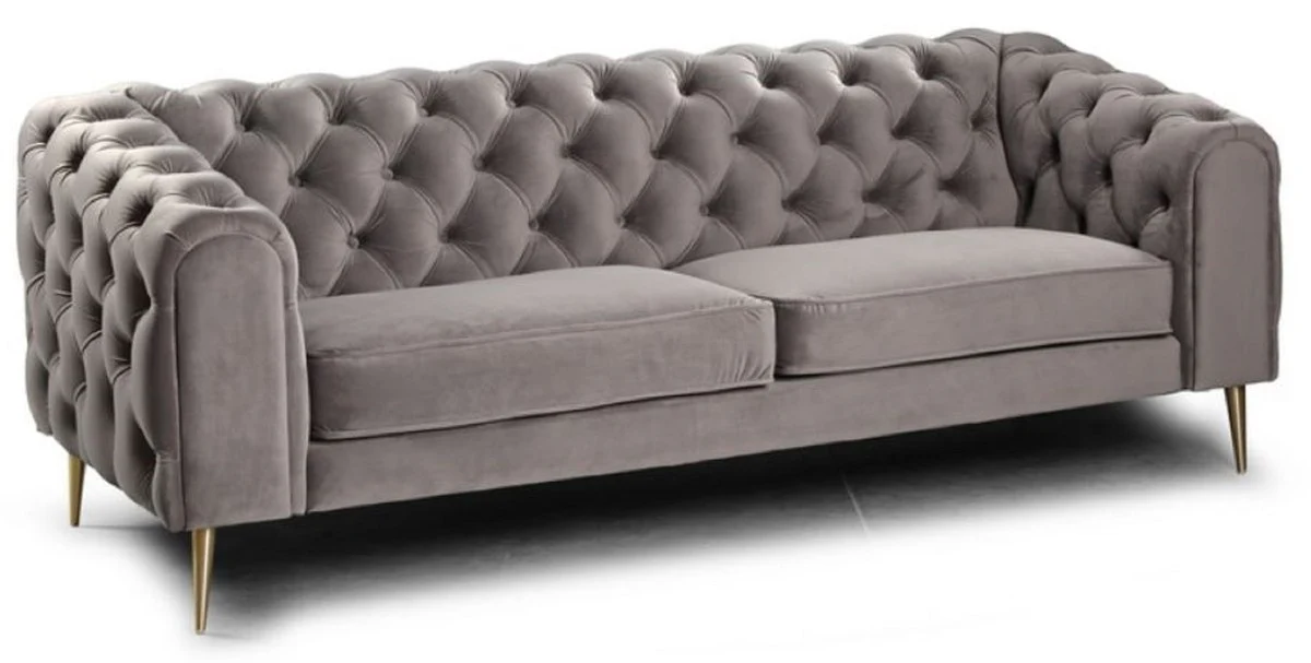Luxus Chesterfield 3er Sofa Grau / Messingfarben 217 x 95 x H. 80 cm - Modernes Wohnzimmer Sofa - Chesterfield Wohnzimmer Möbel