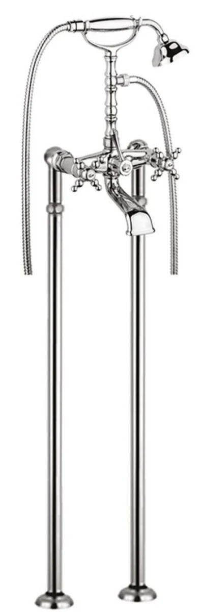 Jugendstil Badewannen Armatur Silber H. 105,5 cm - Nostalgische Badezimmer Badewannen Armatur mit Brause und Standfüßen