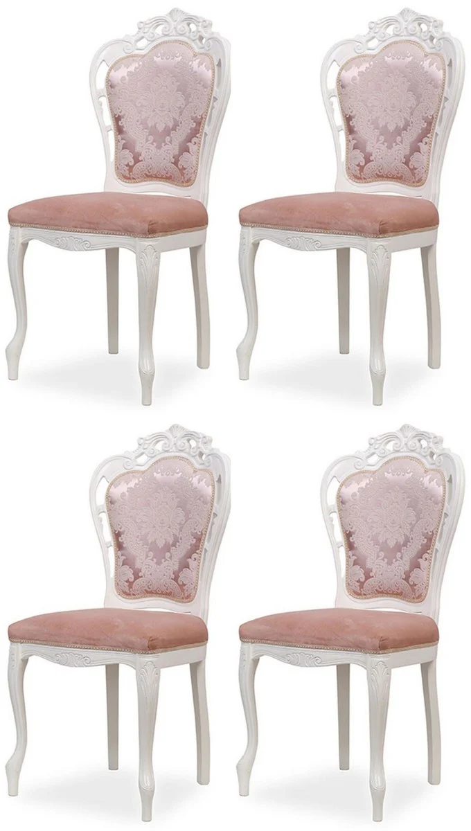 Luxus Barock Esszimmer Stuhl 4er Set mit elegantem Muster Rosa / Weiß - Barockstil Küchen Stühle - Prunkvolle Luxus Esszimmer Möbel im Barockstil - Edel & Prunkvoll