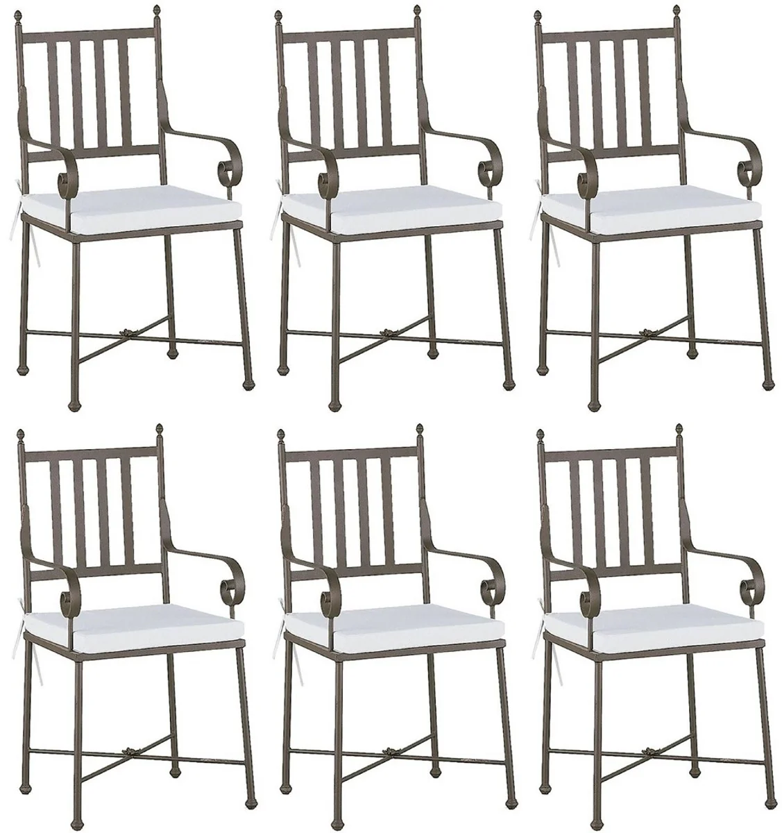 Luxus Jugendstil Gartenstuhl Set mit Armlehnen und Sitzkissen Braun / Weiß 47 x 50 x H. 103 cm - Handgeschmiedete Esszimmer Stühle - Esszimmer Garten Terrassen Möbel