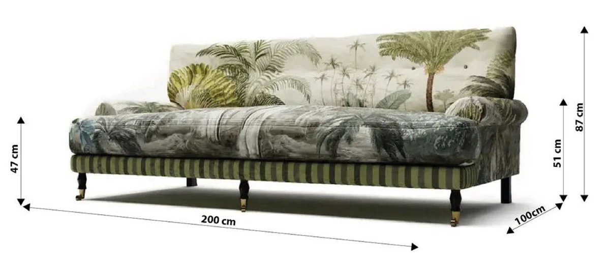 Luxus Samt Sofa Grün / Mehrfarbig / Schwarz / Messing 200 x 100 x H. 87 cm - Wohnzimmer Sofa - Hotel Sofa - Wohnzimmer Möbel - Hotel Möbel - Luxus Möbel - Wohnzimmer Einrichtung