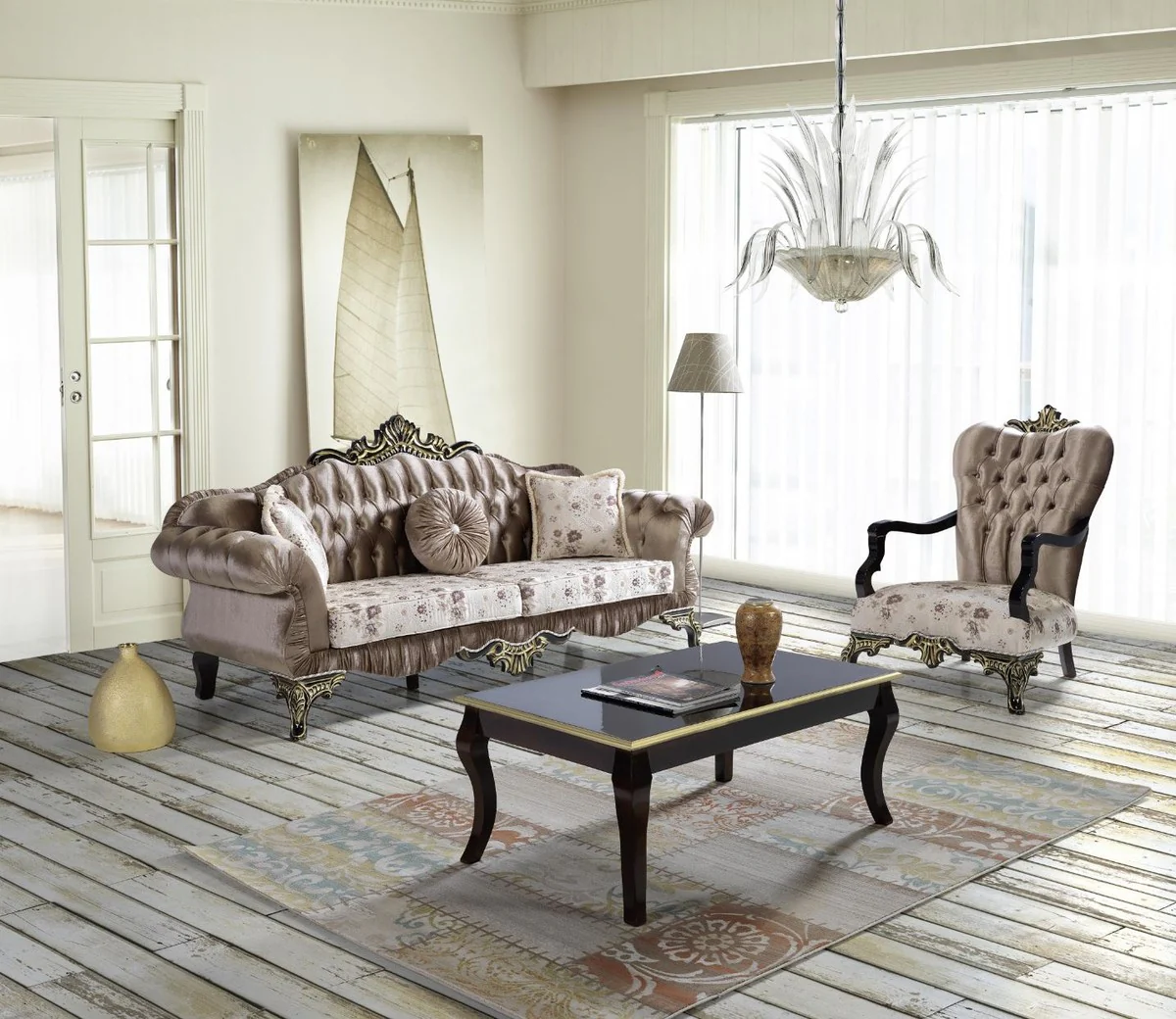 Barock Wohnzimmer Set Braun / Beige / Schwarz / Gold - 2 Sofas & 2 Sessel & 1 Couchtisch - Barock Wohnzimmer Möbel