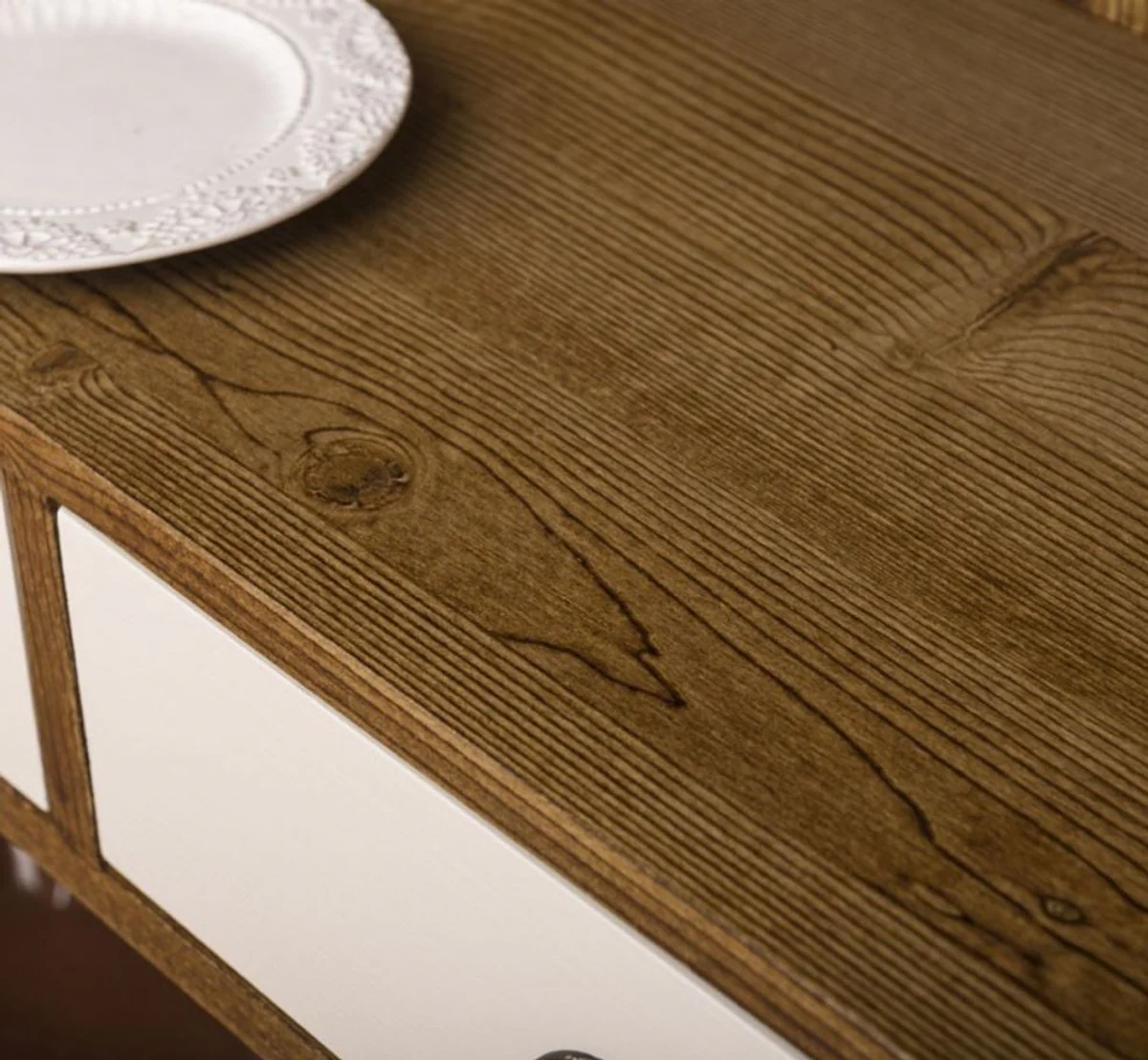 Landhausstil Regalschrank Braun / Weiß 140 x 39 x H. 197 cm - Landhausstil Schrank mit 3 Schubladen - Massivholz Küchenschrank - Landhausstil Möbel