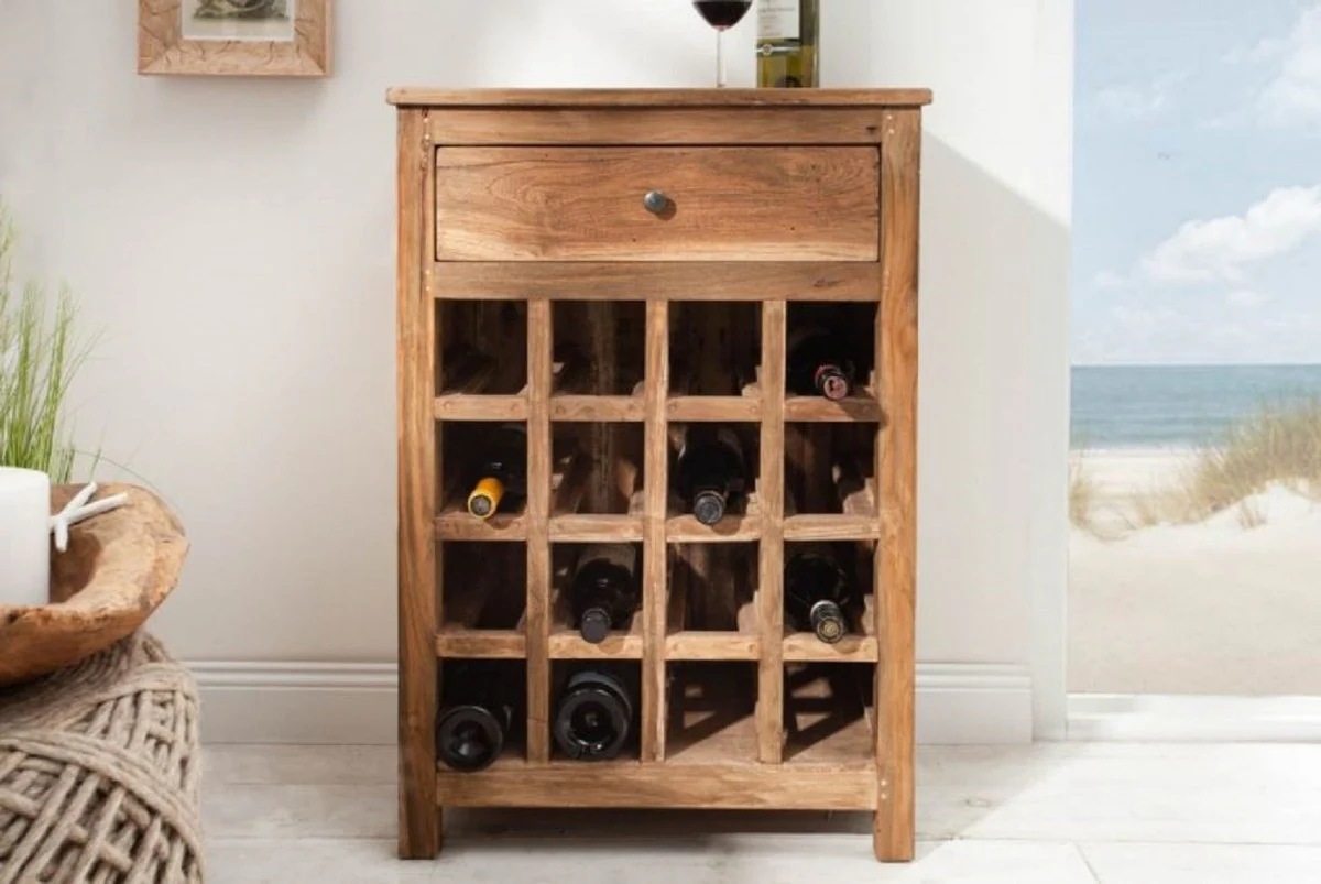 Landhausstil Weinschrank mit Schublade und Weinflaschen Regal Naturfarben 56 x 31 x H. 81 cm - Barschrank aus recyceltem Massivholz - Bar Möbel - Landhausstil Möbel