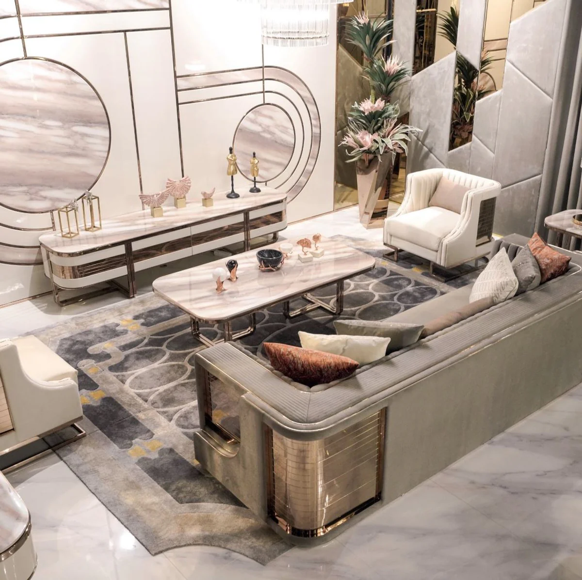 Luxus Couchtisch Creme / Kupfer - Wohnzimmertisch mit Kunstmarmor Tischplatte - Luxus Wohnzimmer Möbel - Hotel Möbel - Luxus Einrichtung - Hotel Einrichtung