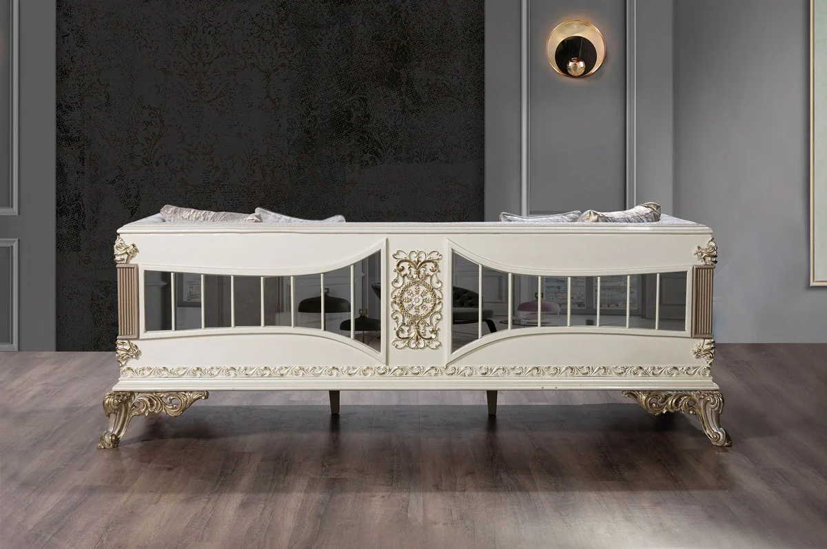 Luxus Barock Sofa Silber / Weiß / Grau / Gold - Verspiegeltes Barockstil Wohnzimmer Sofa - Luxus Wohnzimmer Möbel im Barockstil - Barock Möbel - Barock Einrichtung