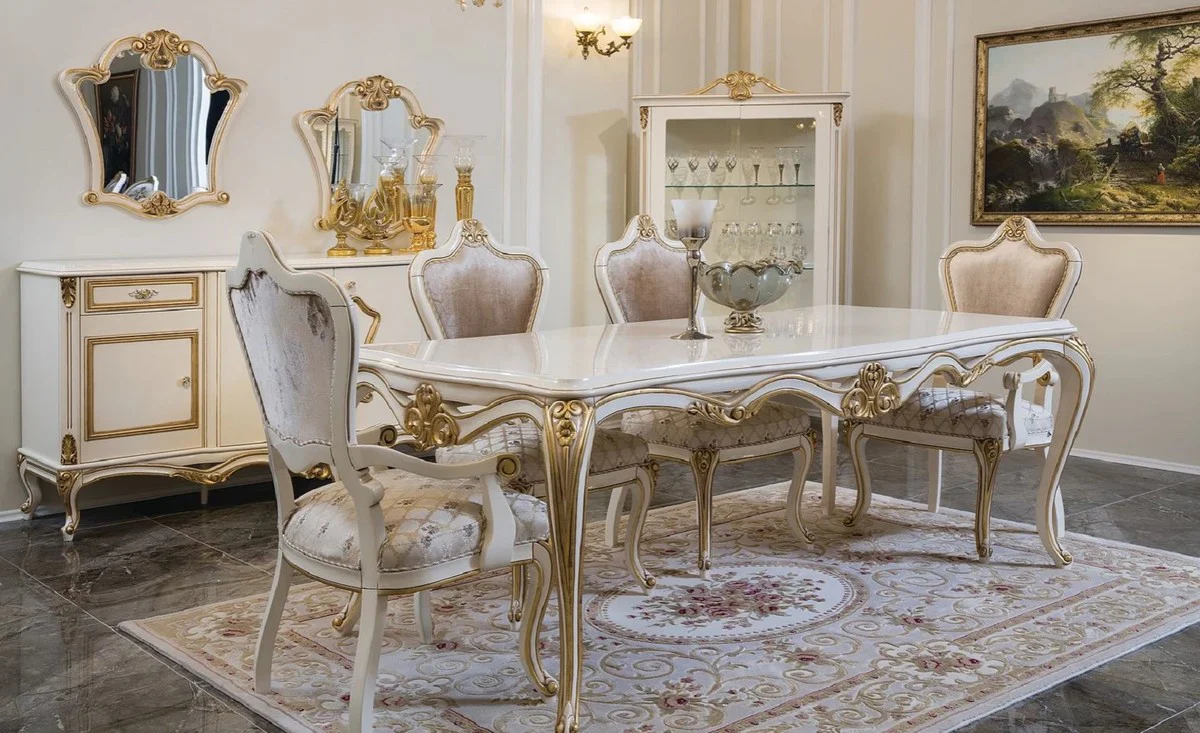 Luxus Barock Esszimmer Set Rosa / Weiß / Gold - 1 Esstisch & 6 Esszimmerstühle - Esszimmer Möbel im Barockstil - Edel & Prunkvoll