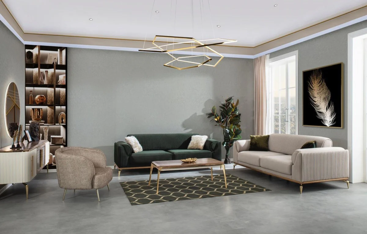 Luxus Art Deco Sofa Hellgrau / Braun / Gold 230 x 100 x H. 92 cm - Edles Wohnzimmer Sofa mit dekorativen Kissen - Luxus Art Deco Möbel