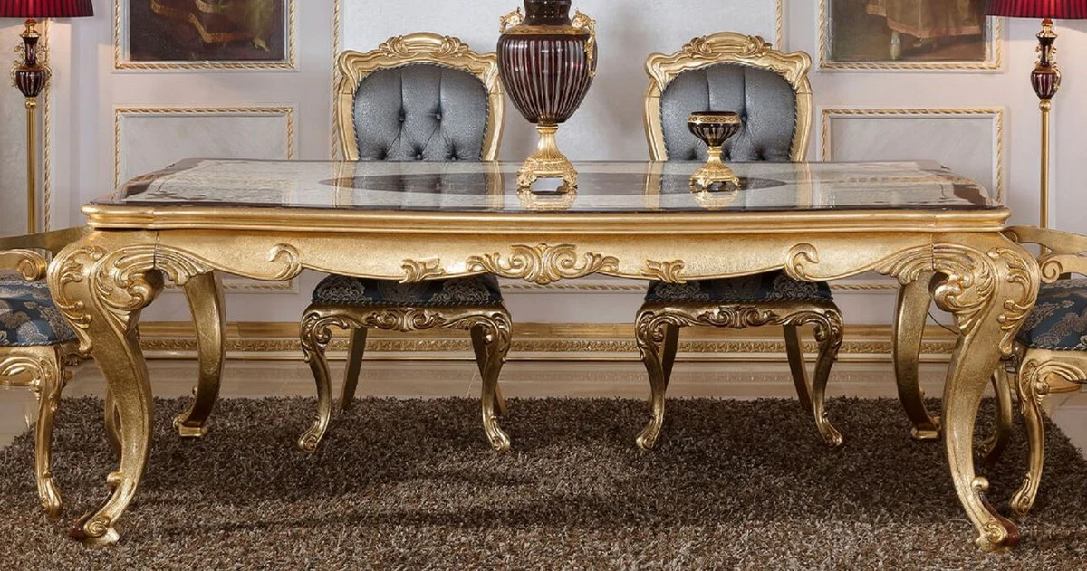 Luxus Barock Esstisch Weiß / Braun / Gold - Prunkvoller Massivholz Esszimmertisch im Barockstil - Prunkvolle Barock Esszimmer Möbel