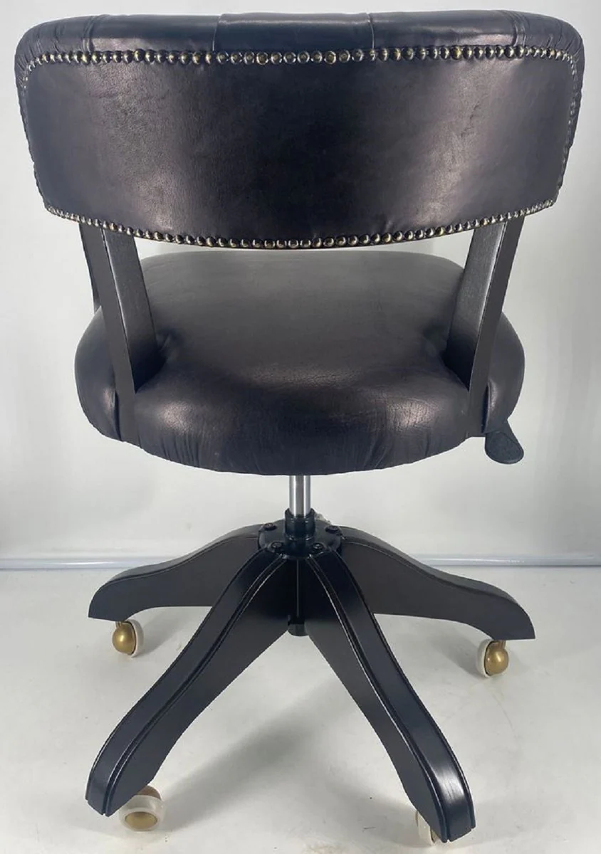 Luxus Leder Bürostuhl Schwarz / Schwarz 58 x 65 x H. 80-87 cm - Höhenverstellbarer Schreibtischstuhl - Echtleder Drehstuhl - Luxus Möbel - Büro Möbel - Echtleder Möbel - Möbel Luxus