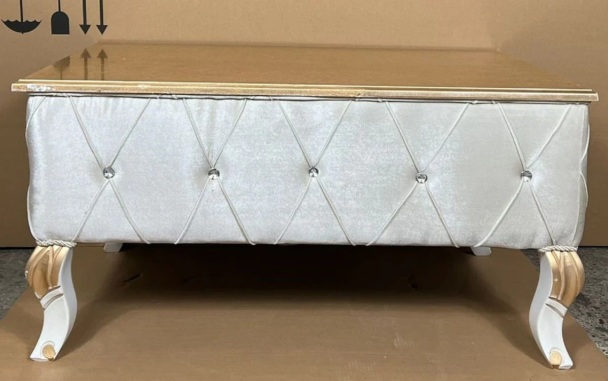 Luxus Barock Couchtisch Gold / Silber / Weiß / Gold - Barockstil Massivholz Wohnzimmertisch mit Glitzersteinen - Barock Möbel - Luxus Möbel im Barockstil - Edel & Prunkvoll