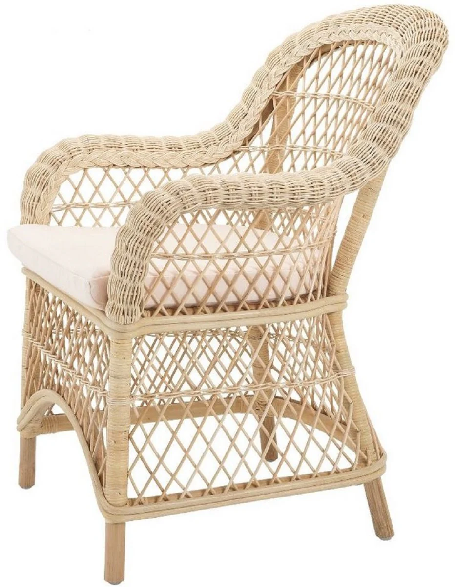 Luxus Rattan Esszimmerstuhl mit Armlehnen und Kissen Naturfarben / Cremefarben 63 x 68 x H. 88 cm - Esszimmermöbel