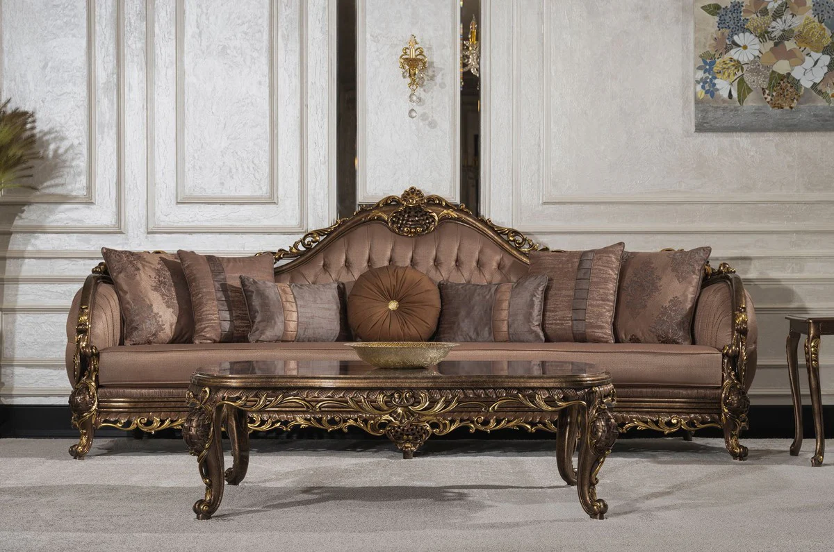 Luxus Barock Couchtisch Grau / Braun / Gold - Handgefertigter Massivholz Wohnzimmertisch im Barockstil - Wohnzimmer Möbel im Barockstil - Barock Möbel - Edel & Prunkvoll