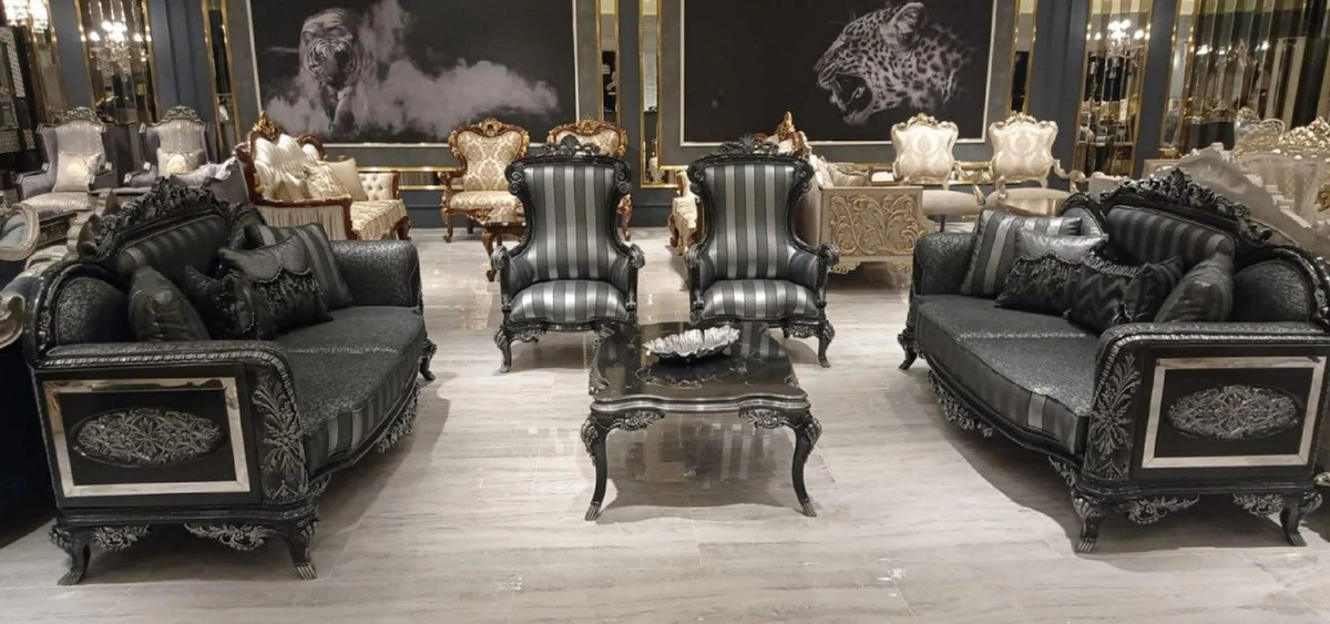 Luxus Barock Sofa Silber / Grau / Schwarz / Silber - Prunkvolles Wohnzimmer Sofa - Barock Wohnzimmer Möbel - Edel & Prunkvoll