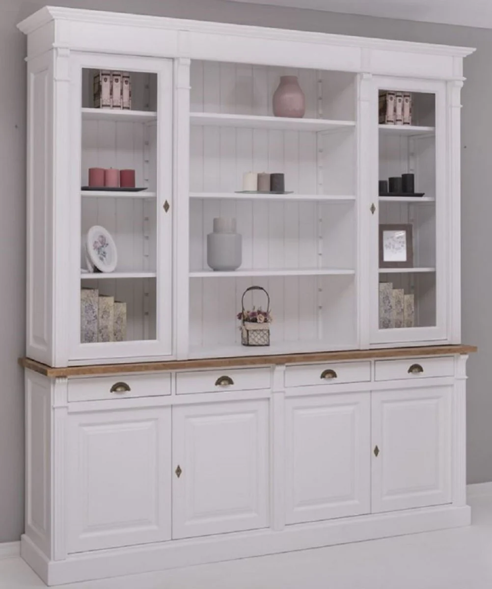 Landhausstil Esszimmerschrank Weiß / Braun 223 x 51 x H. 240 cm - Massivholz Schrank - Küchenschrank - Landhausstil Esszimmer Möbel