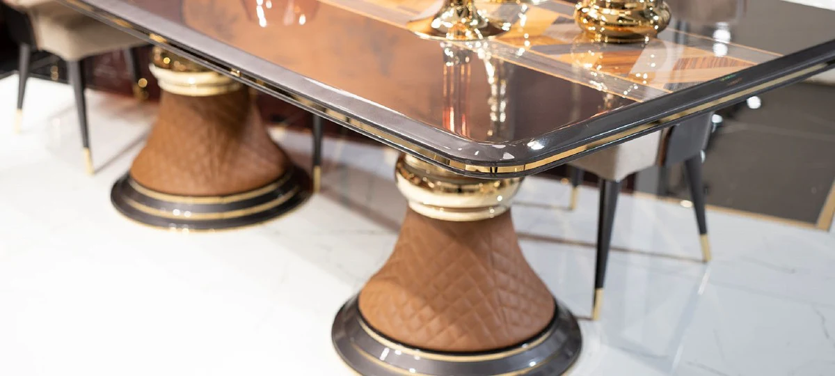 Luxus Art Deco Esstisch Grau / Mehrfarbig / Braun / Gold - Luxus Art Deco Massivholz Küchentisch - Luxus Art Deco Esszimmer Möbel