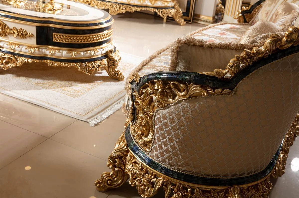 Luxus Barock Sofa Gold / Mehrfarbig / Blau / Gold - Prunkvolles Wohnzimmer Sofa mit elegantem Muster - Barock Wohnzimmer Möbel - Edel & Prunkvoll