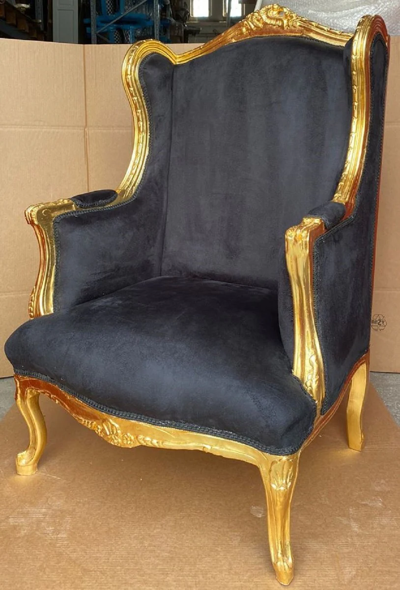 Barock Ohrensessel Schwarz / Gold - Handgefertigter Antik Stil Wohnzimmer Sessel - Antik Stil Möbel - Barock Wohnzimmer Möbel